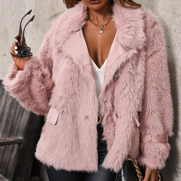 Coral Pink Women's Solid Open Front Fuzzy Coat - Picture 6 of 6